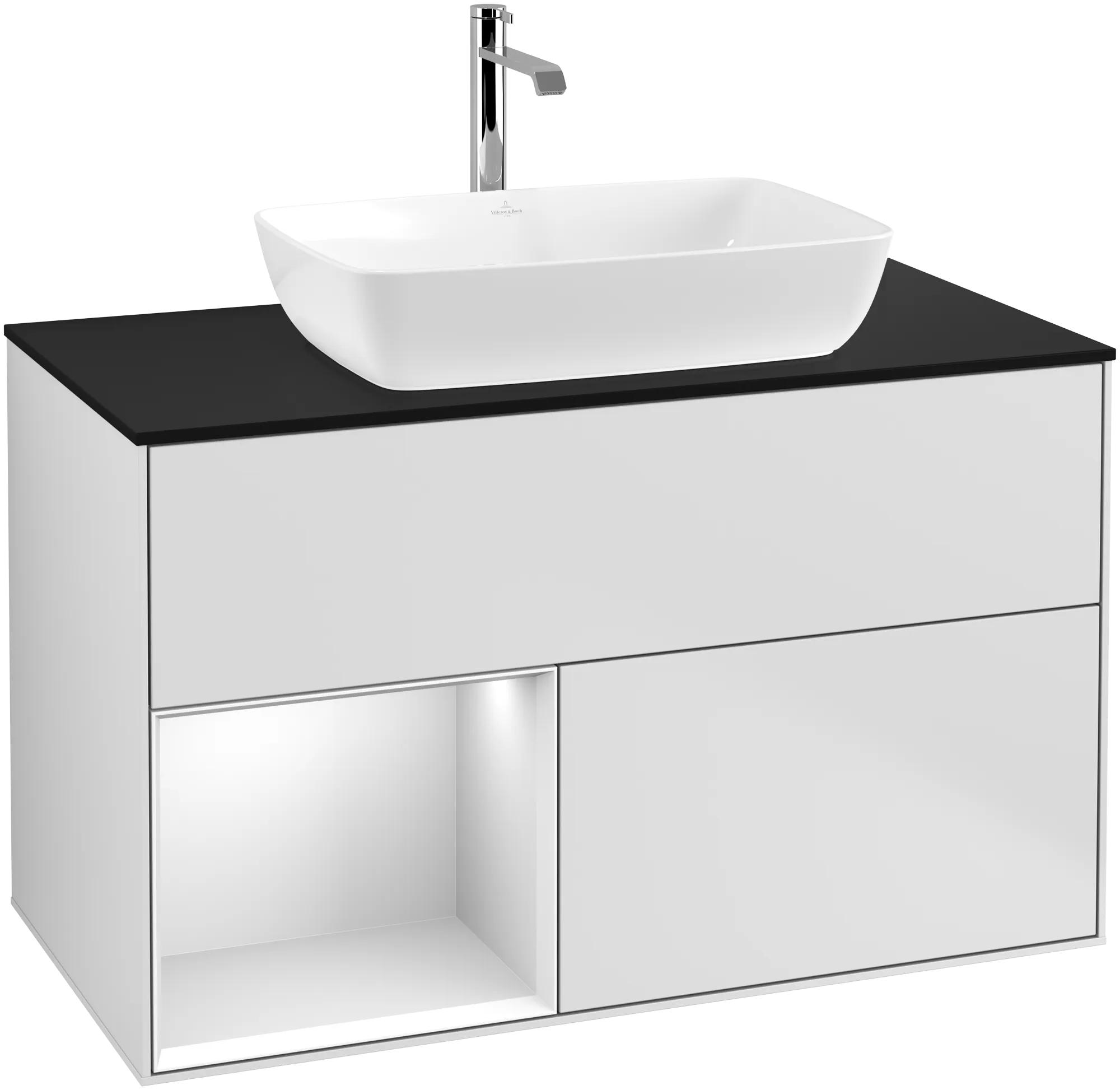 Picture of VILLEROY BOCH Finion Vanity unit, with lighting, 2 pull-out compartments, 1000 x 603 x 501 mm, White Matt Lacquer / White Matt Lacquer / Glass Black Matt #G772MTMT