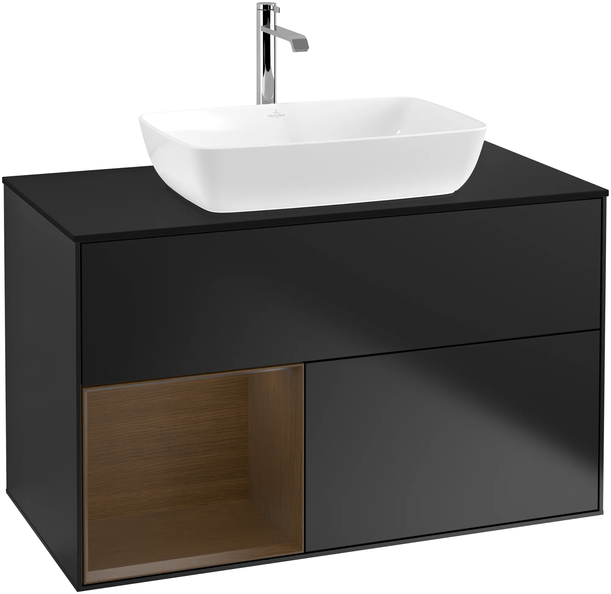 Picture of VILLEROY BOCH Finion Vanity unit, with lighting, 2 pull-out compartments, 1000 x 603 x 501 mm, Black Matt Lacquer / Walnut Veneer / Glass Black Matt #G772GNPD