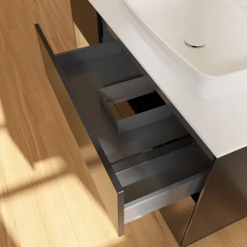 VILLEROY BOCH Finion Waschbeckenunterschrank, mit Beleuchtung, 3 Auszüge, 1200 x 603 x 501 mm, Black Matt Lacquer / Oak Veneer / Glass White Matt #G801PCPD, Bild 7