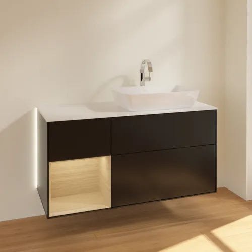 VILLEROY BOCH Finion Waschbeckenunterschrank, mit Beleuchtung, 3 Auszüge, 1200 x 603 x 501 mm, Black Matt Lacquer / Oak Veneer / Glass White Matt #G801PCPD, Bild 4