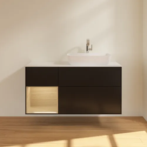 VILLEROY BOCH Finion Waschbeckenunterschrank, mit Beleuchtung, 3 Auszüge, 1200 x 603 x 501 mm, Black Matt Lacquer / Oak Veneer / Glass White Matt #G801PCPD, Bild 2