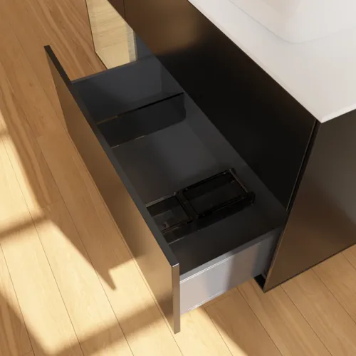 VILLEROY BOCH Finion Waschbeckenunterschrank, mit Beleuchtung, 3 Auszüge, 1200 x 603 x 501 mm, Black Matt Lacquer / Oak Veneer / Glass White Matt #G801PCPD, Bild 6