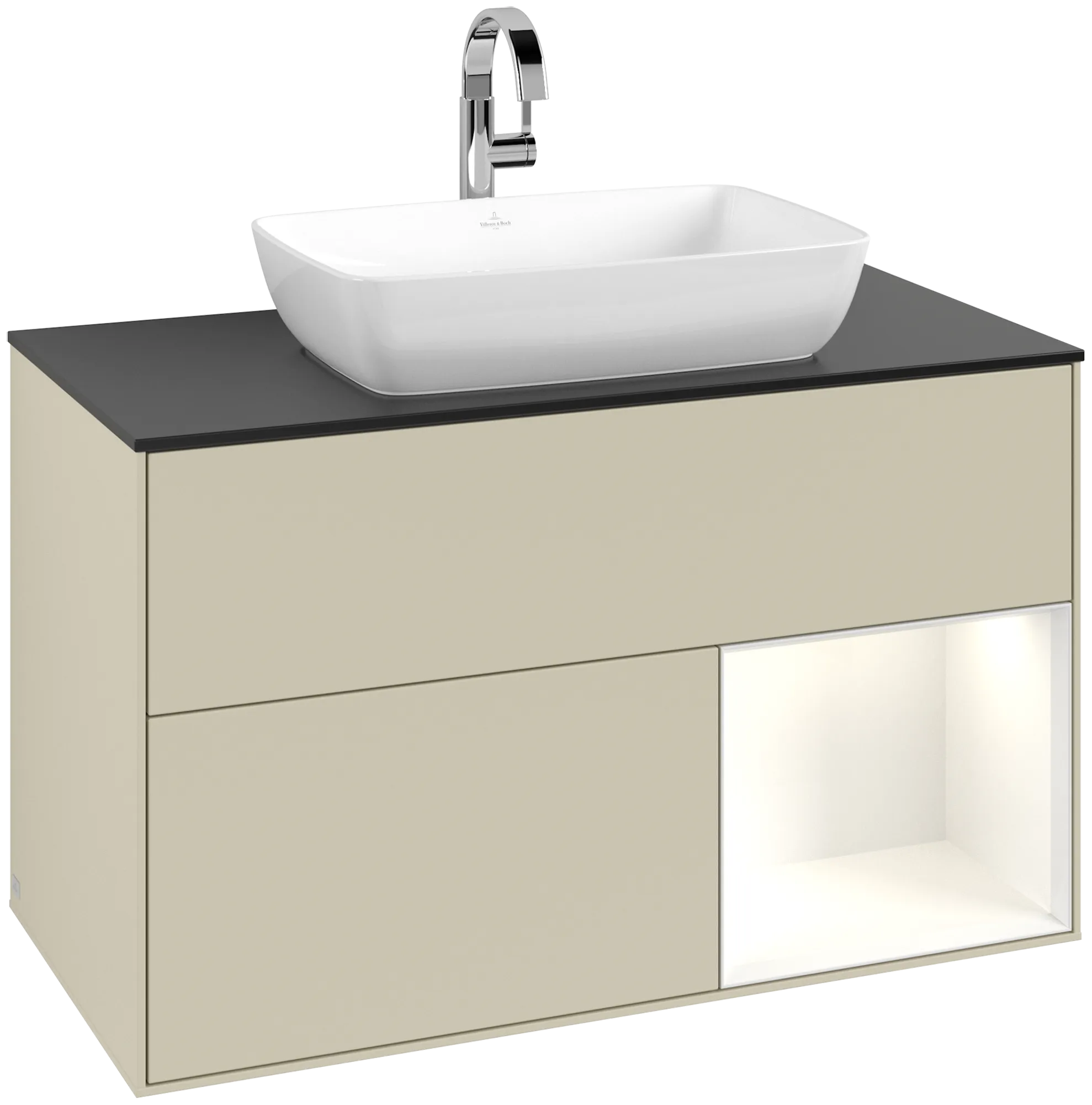Picture of VILLEROY BOCH Finion Vanity unit, with lighting, 2 pull-out compartments, 1000 x 603 x 501 mm, Silk Grey Matt Lacquer / Glossy White Lacquer / Glass Black Matt #G782GFHJ