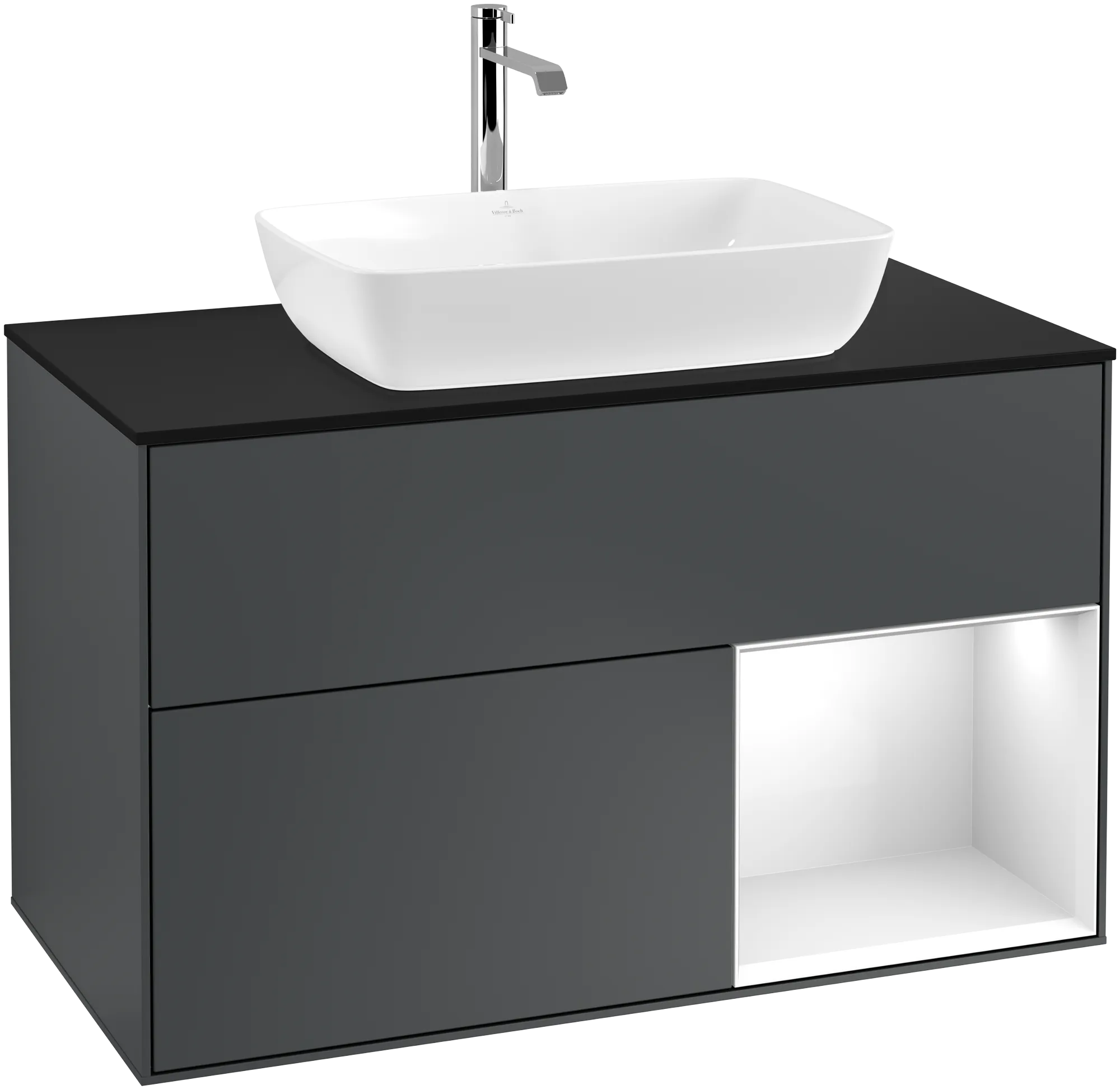 Picture of VILLEROY BOCH Finion Vanity unit, with lighting, 2 pull-out compartments, 1000 x 603 x 501 mm, Midnight Blue Matt Lacquer / Glossy White Lacquer / Glass Black Matt #G782GFHG