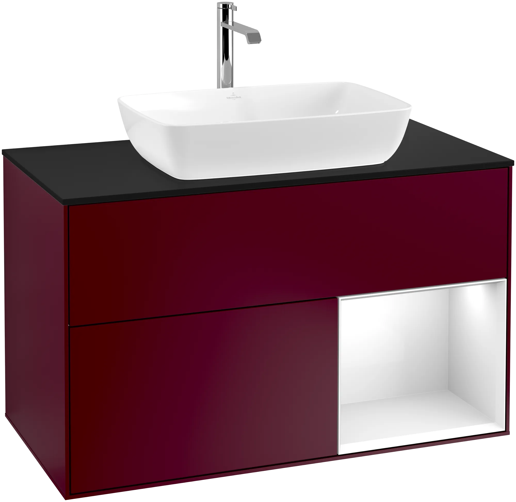 Picture of VILLEROY BOCH Finion Vanity unit, with lighting, 2 pull-out compartments, 1000 x 603 x 501 mm, Peony Matt Lacquer / Glossy White Lacquer / Glass Black Matt #G782GFHB