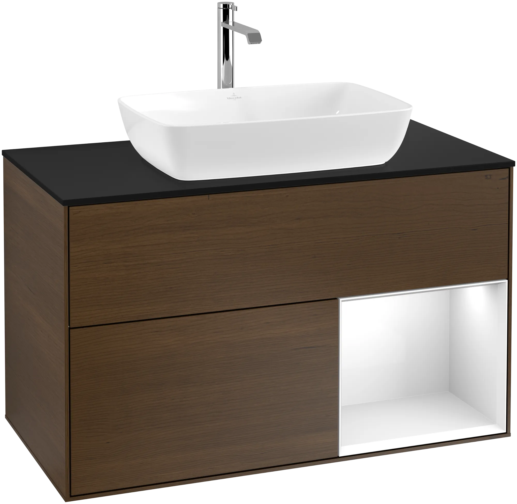 Picture of VILLEROY BOCH Finion Vanity unit, with lighting, 2 pull-out compartments, 1000 x 603 x 501 mm, Walnut Veneer / Glossy White Lacquer / Glass Black Matt #G782GFGN