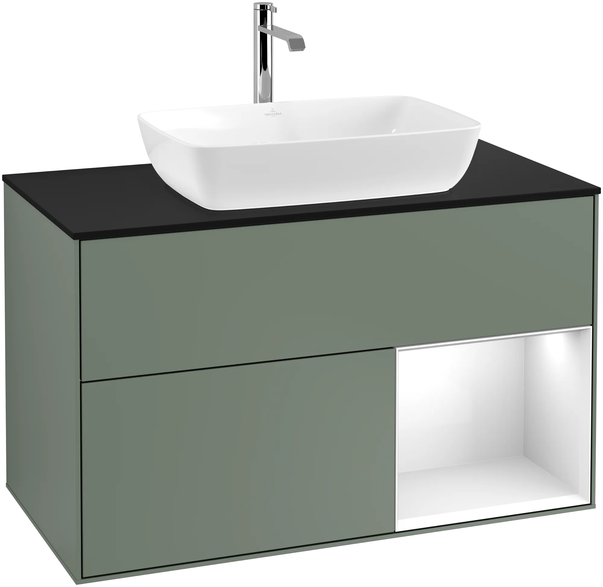 Picture of VILLEROY BOCH Finion Vanity unit, with lighting, 2 pull-out compartments, 1000 x 603 x 501 mm, Olive Matt Lacquer / Glossy White Lacquer / Glass Black Matt #G782GFGM