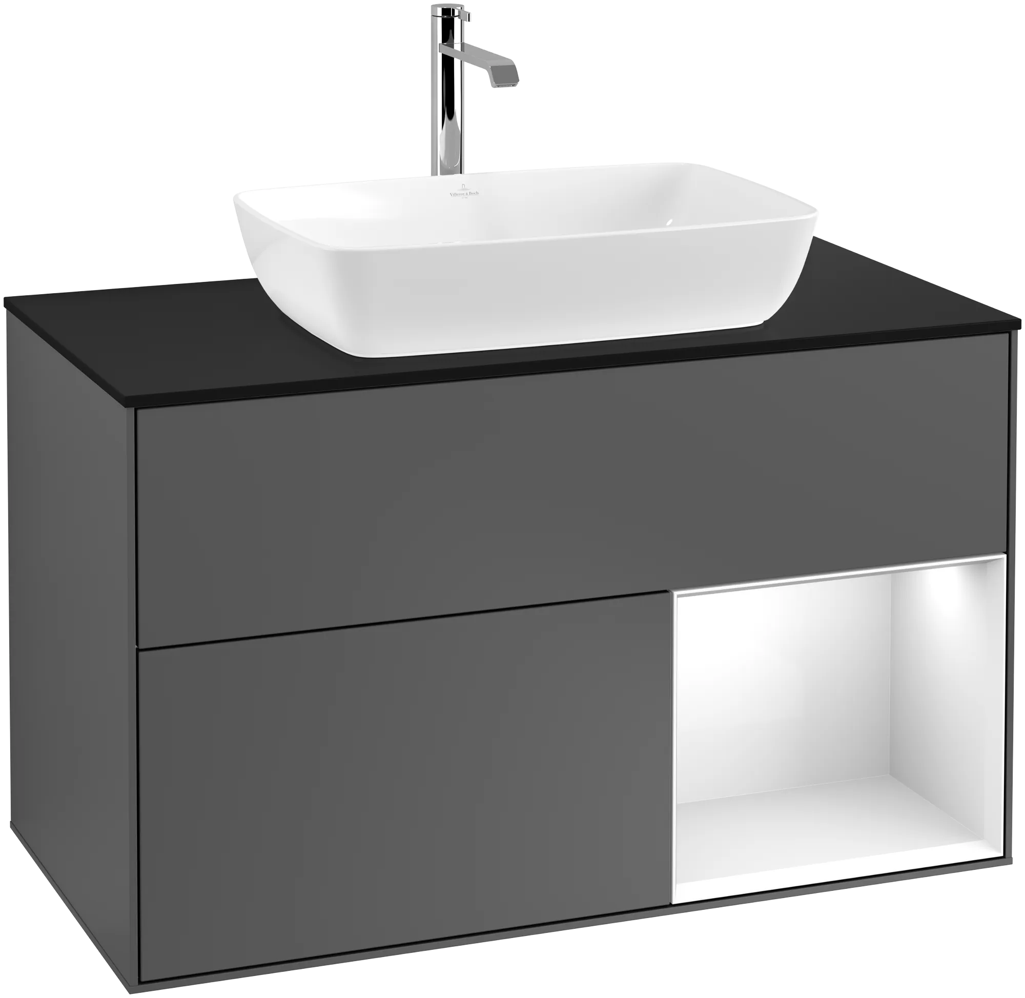 Picture of VILLEROY BOCH Finion Vanity unit, with lighting, 2 pull-out compartments, 1000 x 603 x 501 mm, Anthracite Matt Lacquer / Glossy White Lacquer / Glass Black Matt #G782GFGK