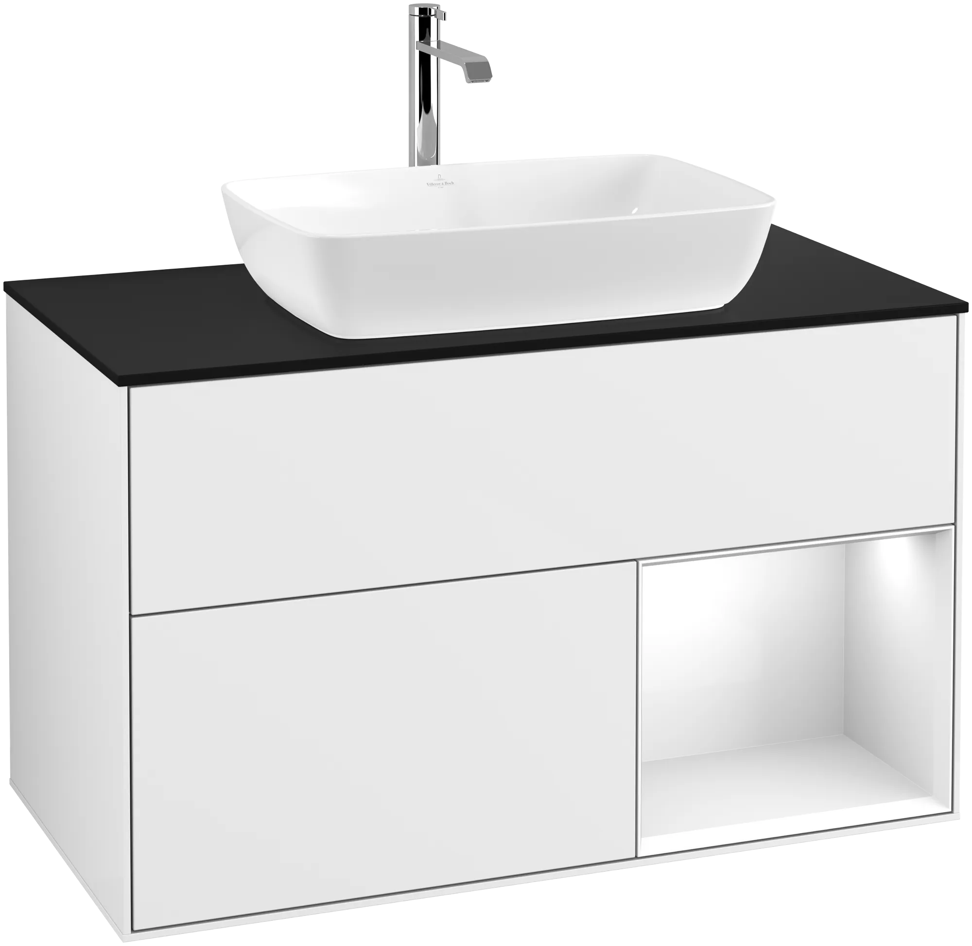 Picture of VILLEROY BOCH Finion Vanity unit, with lighting, 2 pull-out compartments, 1000 x 603 x 501 mm, Glossy White Lacquer / Glossy White Lacquer / Glass Black Matt #G782GFGF