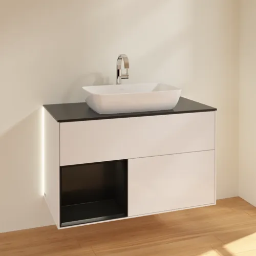 Bild von VILLEROY BOCH Finion Waschbeckenunterschrank, mit Beleuchtung, 2 Auszüge, 1000 x 603 x 501 mm, Glossy White Lacquer / Black Matt Lacquer / Glass Black Matt #G772PDGF