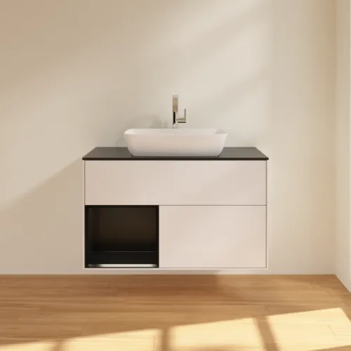 Bild von VILLEROY BOCH Finion Waschbeckenunterschrank, mit Beleuchtung, 2 Auszüge, 1000 x 603 x 501 mm, Glossy White Lacquer / Black Matt Lacquer / Glass Black Matt #G772PDGF