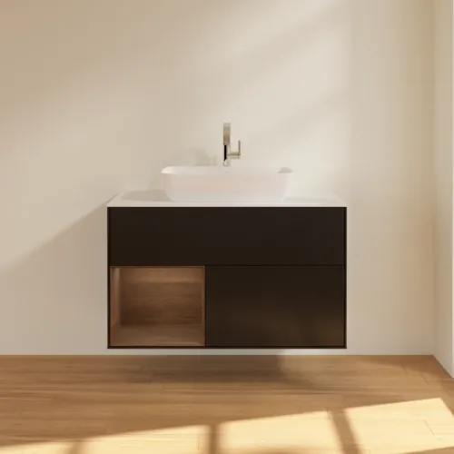 Bild von VILLEROY BOCH Finion Waschbeckenunterschrank, mit Beleuchtung, 2 Auszüge, 1000 x 603 x 501 mm, Black Matt Lacquer / Walnut Veneer / Glass White Matt #G771GNPD