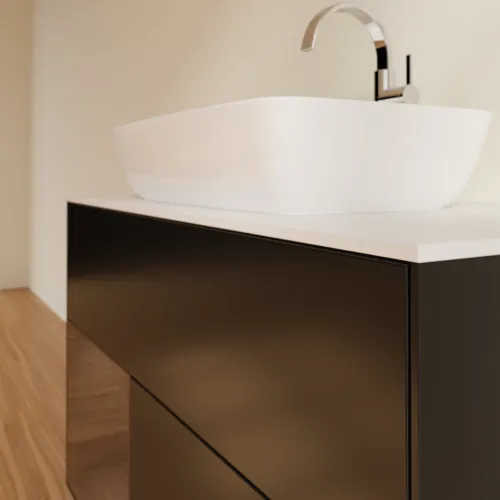 Bild von VILLEROY BOCH Finion Waschbeckenunterschrank, mit Beleuchtung, 2 Auszüge, 1000 x 603 x 501 mm, Black Matt Lacquer / Walnut Veneer / Glass White Matt #G771GNPD