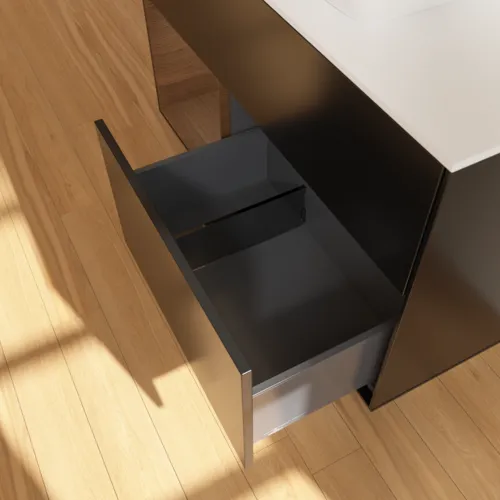 Bild von VILLEROY BOCH Finion Waschbeckenunterschrank, mit Beleuchtung, 2 Auszüge, 1000 x 603 x 501 mm, Black Matt Lacquer / Walnut Veneer / Glass White Matt #G771GNPD