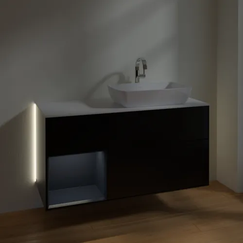 Bild von VILLEROY BOCH Finion Waschbeckenunterschrank, mit Beleuchtung, 3 Auszüge, 1200 x 603 x 501 mm, Black Matt Lacquer / Midnight Blue Matt Lacquer / Glass White Matt #G801HGPD