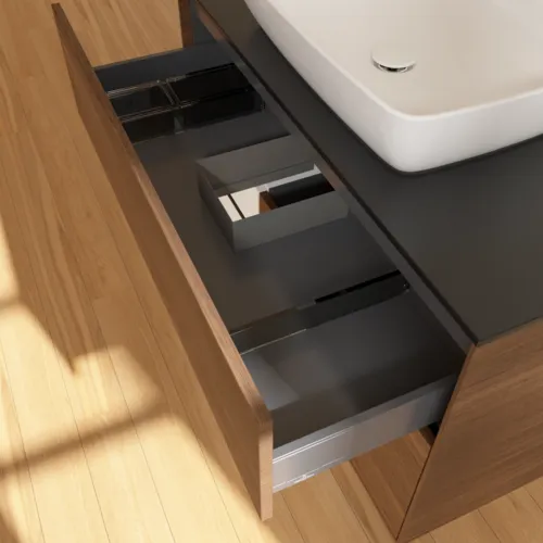 VILLEROY BOCH Finion Waschbeckenunterschrank, mit Beleuchtung, 2 Auszüge, 1000 x 603 x 501 mm, Walnut Veneer / Glossy White Lacquer / Glass Black Matt #G772GFGN, Bild 7
