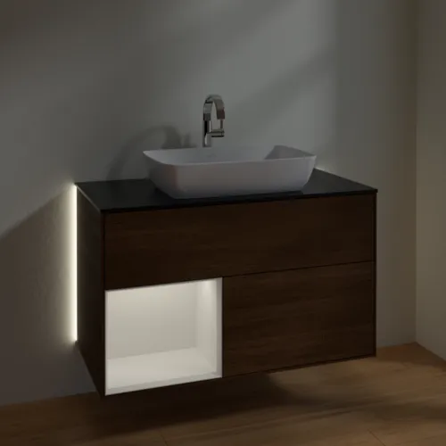 VILLEROY BOCH Finion Waschbeckenunterschrank, mit Beleuchtung, 2 Auszüge, 1000 x 603 x 501 mm, Walnut Veneer / Glossy White Lacquer / Glass Black Matt #G772GFGN, Bild 8