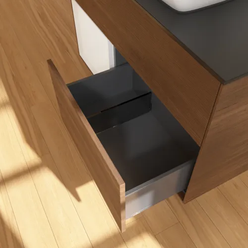 VILLEROY BOCH Finion Waschbeckenunterschrank, mit Beleuchtung, 2 Auszüge, 1000 x 603 x 501 mm, Walnut Veneer / Glossy White Lacquer / Glass Black Matt #G772GFGN, Bild 6
