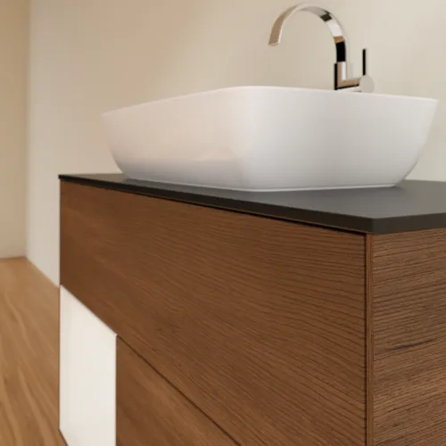 VILLEROY BOCH Finion Waschbeckenunterschrank, mit Beleuchtung, 2 Auszüge, 1000 x 603 x 501 mm, Walnut Veneer / Glossy White Lacquer / Glass Black Matt #G772GFGN, Bild 5