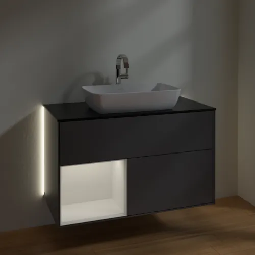 Obrázek VILLEROY BOCH Finion Vanity unit, with lighting, 2 pull-out compartments, 1000 x 603 x 501 mm, Anthracite Matt Lacquer / Glossy White Lacquer / Glass Black Matt #G772GFGK