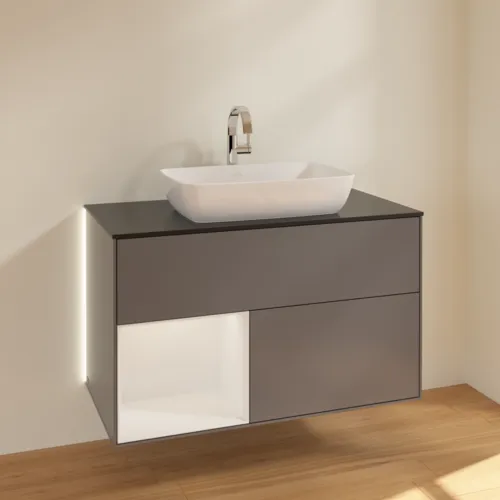 Obrázek VILLEROY BOCH Finion Vanity unit, with lighting, 2 pull-out compartments, 1000 x 603 x 501 mm, Anthracite Matt Lacquer / Glossy White Lacquer / Glass Black Matt #G772GFGK