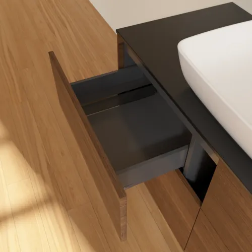 Bild von VILLEROY BOCH Finion Waschbeckenunterschrank, mit Beleuchtung, 4 Auszüge, 1200 x 603 x 501 mm, Walnut Veneer / Glass Black Matt #G79200GN