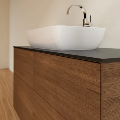 Bild von VILLEROY BOCH Finion Waschbeckenunterschrank, mit Beleuchtung, 4 Auszüge, 1200 x 603 x 501 mm, Walnut Veneer / Glass Black Matt #G79200GN