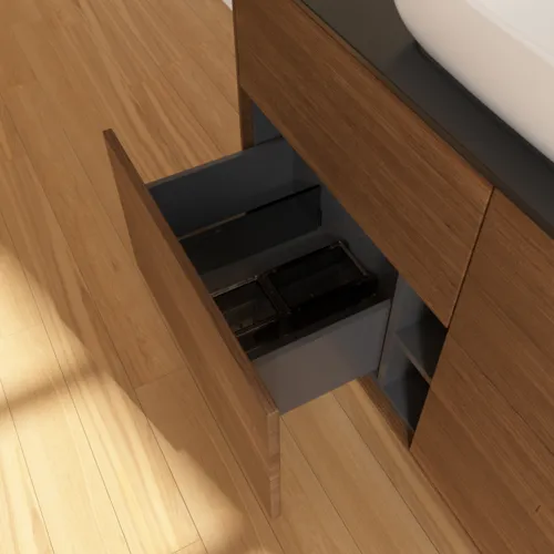 Bild von VILLEROY BOCH Finion Waschbeckenunterschrank, mit Beleuchtung, 4 Auszüge, 1200 x 603 x 501 mm, Walnut Veneer / Glass Black Matt #G79200GN