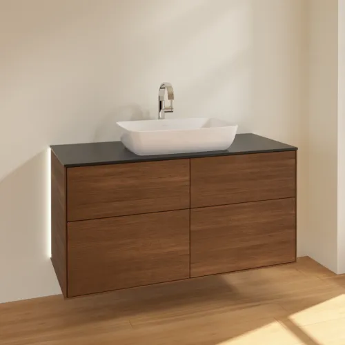 Bild von VILLEROY BOCH Finion Waschbeckenunterschrank, mit Beleuchtung, 4 Auszüge, 1200 x 603 x 501 mm, Walnut Veneer / Glass Black Matt #G79200GN