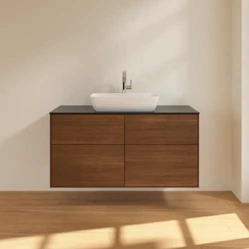 Bild von VILLEROY BOCH Finion Waschbeckenunterschrank, mit Beleuchtung, 4 Auszüge, 1200 x 603 x 501 mm, Walnut Veneer / Glass Black Matt #G79200GN