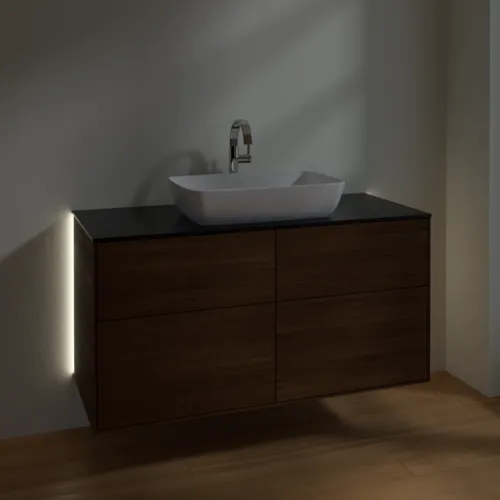 Bild von VILLEROY BOCH Finion Waschbeckenunterschrank, mit Beleuchtung, 4 Auszüge, 1200 x 603 x 501 mm, Walnut Veneer / Glass Black Matt #G79200GN