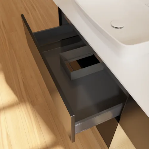 Bild von VILLEROY BOCH Finion Waschbeckenunterschrank, mit Beleuchtung, 3 Auszüge, 1200 x 603 x 501 mm, Black Matt Lacquer / Oak Veneer / Glass White Matt #G811PCPD