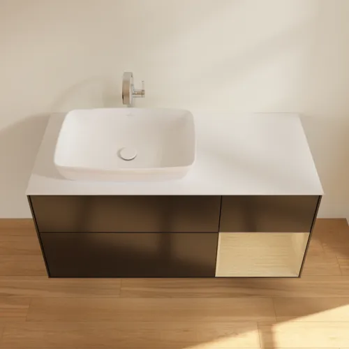 Bild von VILLEROY BOCH Finion Waschbeckenunterschrank, mit Beleuchtung, 3 Auszüge, 1200 x 603 x 501 mm, Black Matt Lacquer / Oak Veneer / Glass White Matt #G811PCPD