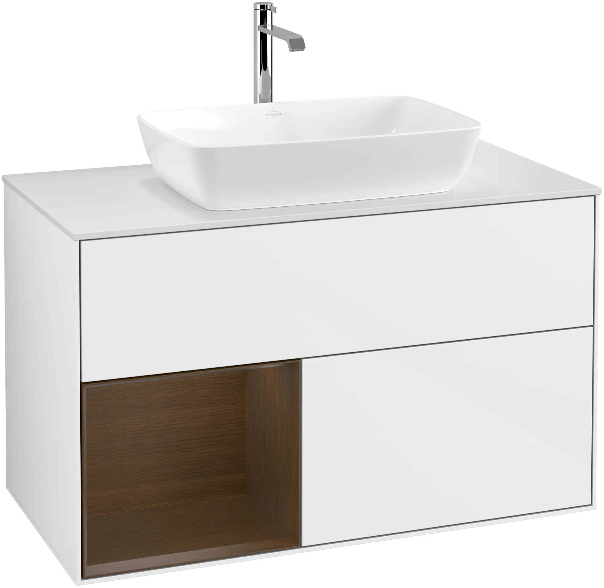 VILLEROY BOCH Finion Vanity unit, with lighting, 2 pull-out compartments, 1000 x 603 x 501 mm, Glossy White Lacquer / Walnut Veneer / Glass White Matt #G771GNGF resmi