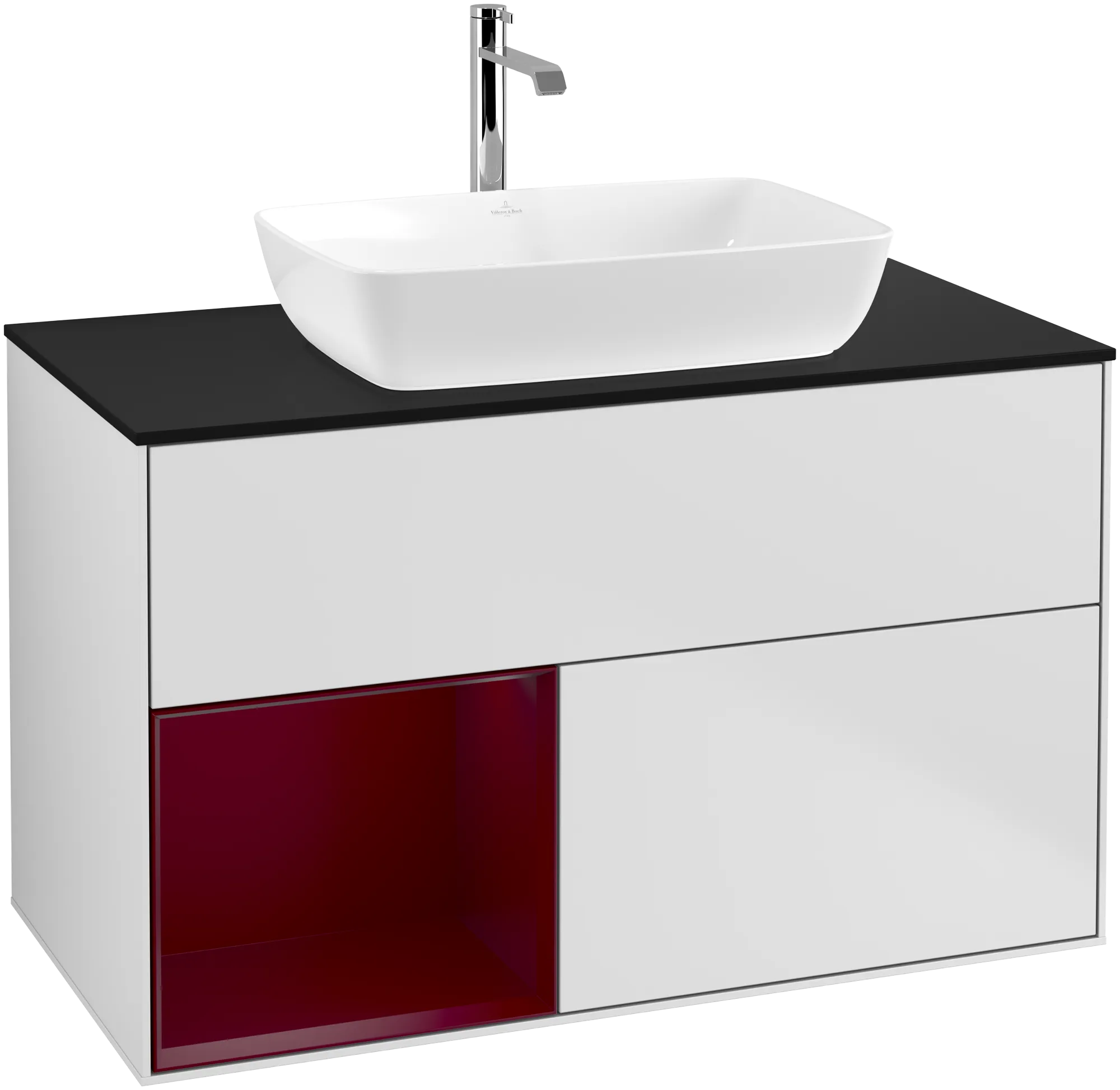 Picture of VILLEROY BOCH Finion Vanity unit, with lighting, 2 pull-out compartments, 1000 x 603 x 501 mm, White Matt Lacquer / Peony Matt Lacquer / Glass Black Matt #G772HBMT