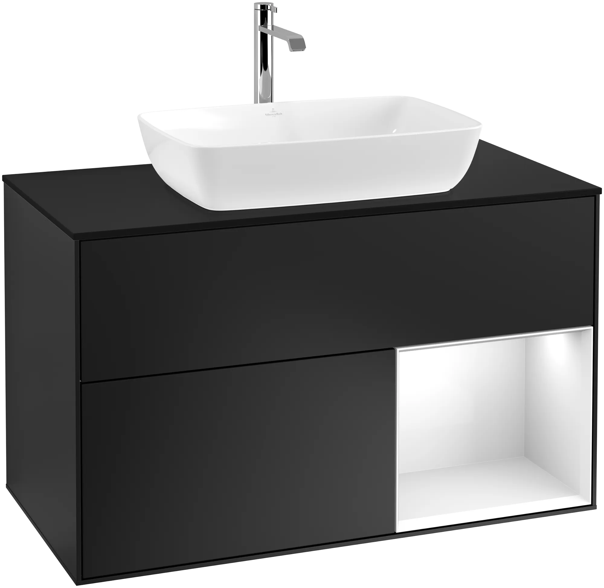 Зображення з  VILLEROY BOCH Finion Vanity unit, with lighting, 2 pull-out compartments, 1000 x 603 x 501 mm, Black Matt Lacquer / Glossy White Lacquer / Glass Black Matt #G782GFPD