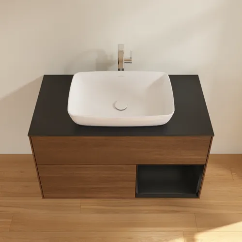 Bild von VILLEROY BOCH Finion Waschbeckenunterschrank, mit Beleuchtung, 2 Auszüge, 1000 x 603 x 501 mm, Walnut Veneer / Black Matt Lacquer / Glass Black Matt #G782PDGN