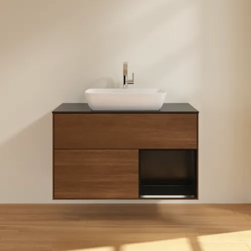 Bild von VILLEROY BOCH Finion Waschbeckenunterschrank, mit Beleuchtung, 2 Auszüge, 1000 x 603 x 501 mm, Walnut Veneer / Black Matt Lacquer / Glass Black Matt #G782PDGN