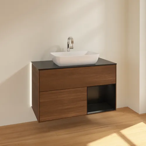 Bild von VILLEROY BOCH Finion Waschbeckenunterschrank, mit Beleuchtung, 2 Auszüge, 1000 x 603 x 501 mm, Walnut Veneer / Black Matt Lacquer / Glass Black Matt #G782PDGN