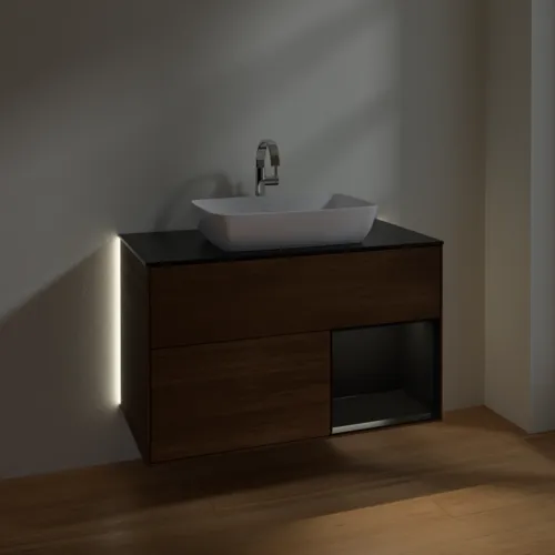 Bild von VILLEROY BOCH Finion Waschbeckenunterschrank, mit Beleuchtung, 2 Auszüge, 1000 x 603 x 501 mm, Walnut Veneer / Black Matt Lacquer / Glass Black Matt #G782PDGN