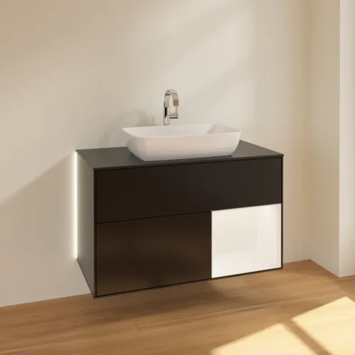 Bild von VILLEROY BOCH Finion Waschbeckenunterschrank, mit Beleuchtung, 2 Auszüge, 1000 x 603 x 501 mm, Black Matt Lacquer / White Matt Lacquer / Glass Black Matt #G782MTPD
