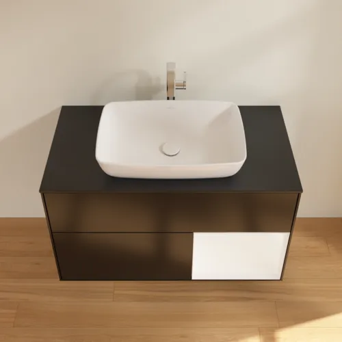 Bild von VILLEROY BOCH Finion Waschbeckenunterschrank, mit Beleuchtung, 2 Auszüge, 1000 x 603 x 501 mm, Black Matt Lacquer / White Matt Lacquer / Glass Black Matt #G782MTPD