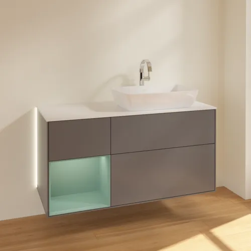 Bild von VILLEROY BOCH Finion Waschbeckenunterschrank, mit Beleuchtung, 3 Auszüge, 1200 x 603 x 501 mm, Anthracite Matt Lacquer / Olive Matt Lacquer / Glass White Matt #G801GMGK
