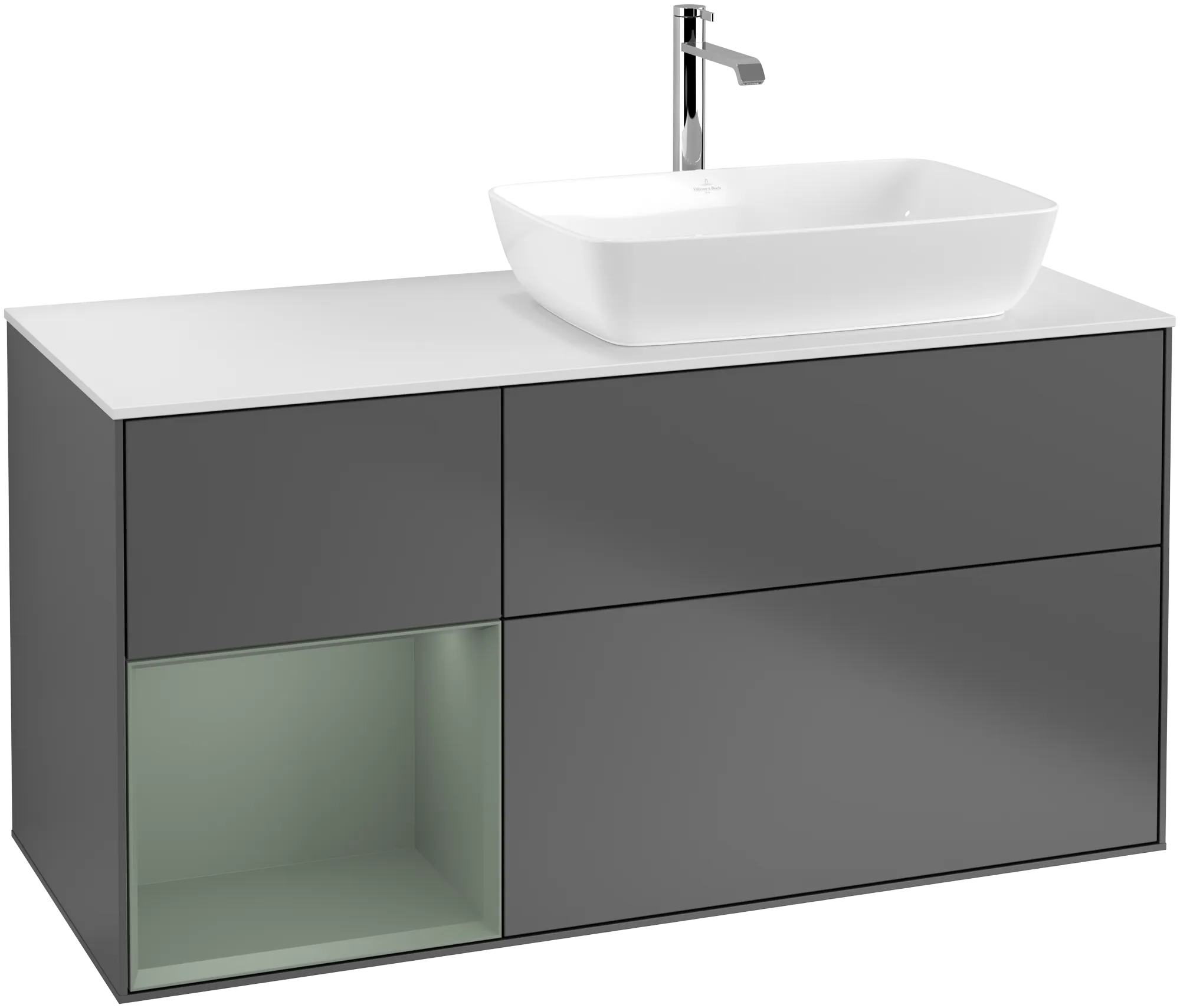 Зображення з  VILLEROY BOCH Finion Vanity unit, with lighting, 3 pull-out compartments, 1200 x 603 x 501 mm, Anthracite Matt Lacquer / Olive Matt Lacquer / Glass White Matt #G801GMGK