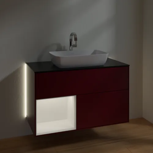 Bild von VILLEROY BOCH Finion Waschbeckenunterschrank, mit Beleuchtung, 2 Auszüge, 1000 x 603 x 501 mm, Peony Matt Lacquer / White Matt Lacquer / Glass Black Matt #G772MTHB