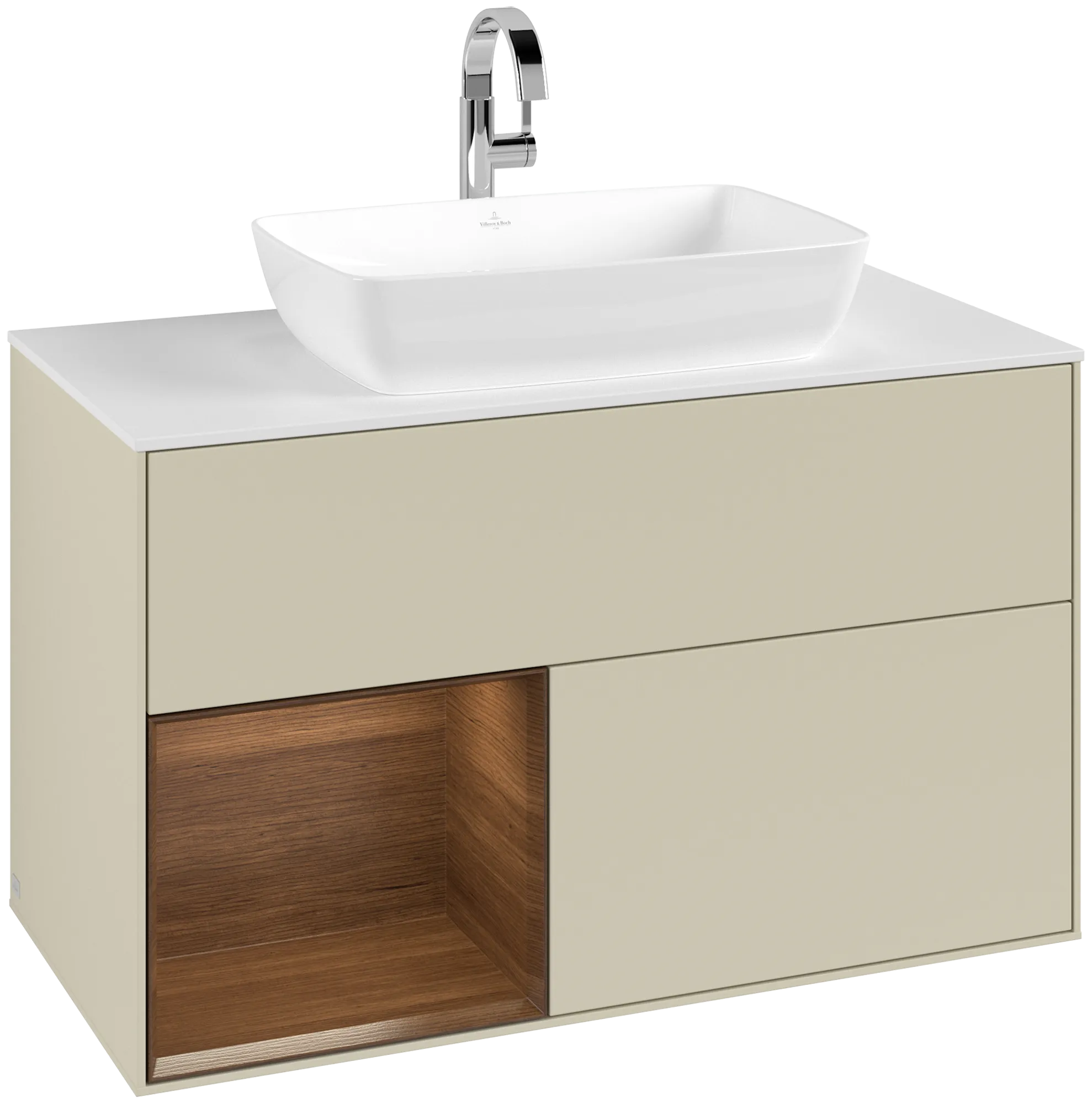 Picture of VILLEROY BOCH Finion Vanity unit, with lighting, 2 pull-out compartments, 1000 x 603 x 501 mm, Silk Grey Matt Lacquer / Walnut Veneer / Glass White Matt #G771GNHJ