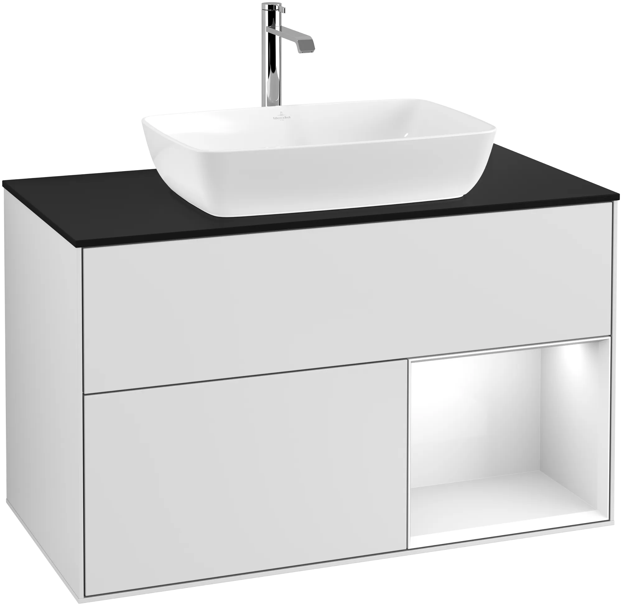 Зображення з  VILLEROY BOCH Finion Vanity unit, with lighting, 2 pull-out compartments, 1000 x 603 x 501 mm, White Matt Lacquer / Glossy White Lacquer / Glass Black Matt #G782GFMT