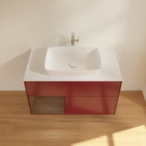 Bild von VILLEROY BOCH Finion Waschbeckenunterschrank, mit Beleuchtung, 2 Auszüge, 1000 x 603 x 501 mm, Peony Matt Lacquer / Walnut Veneer / Glass White Matt #G771GNHB