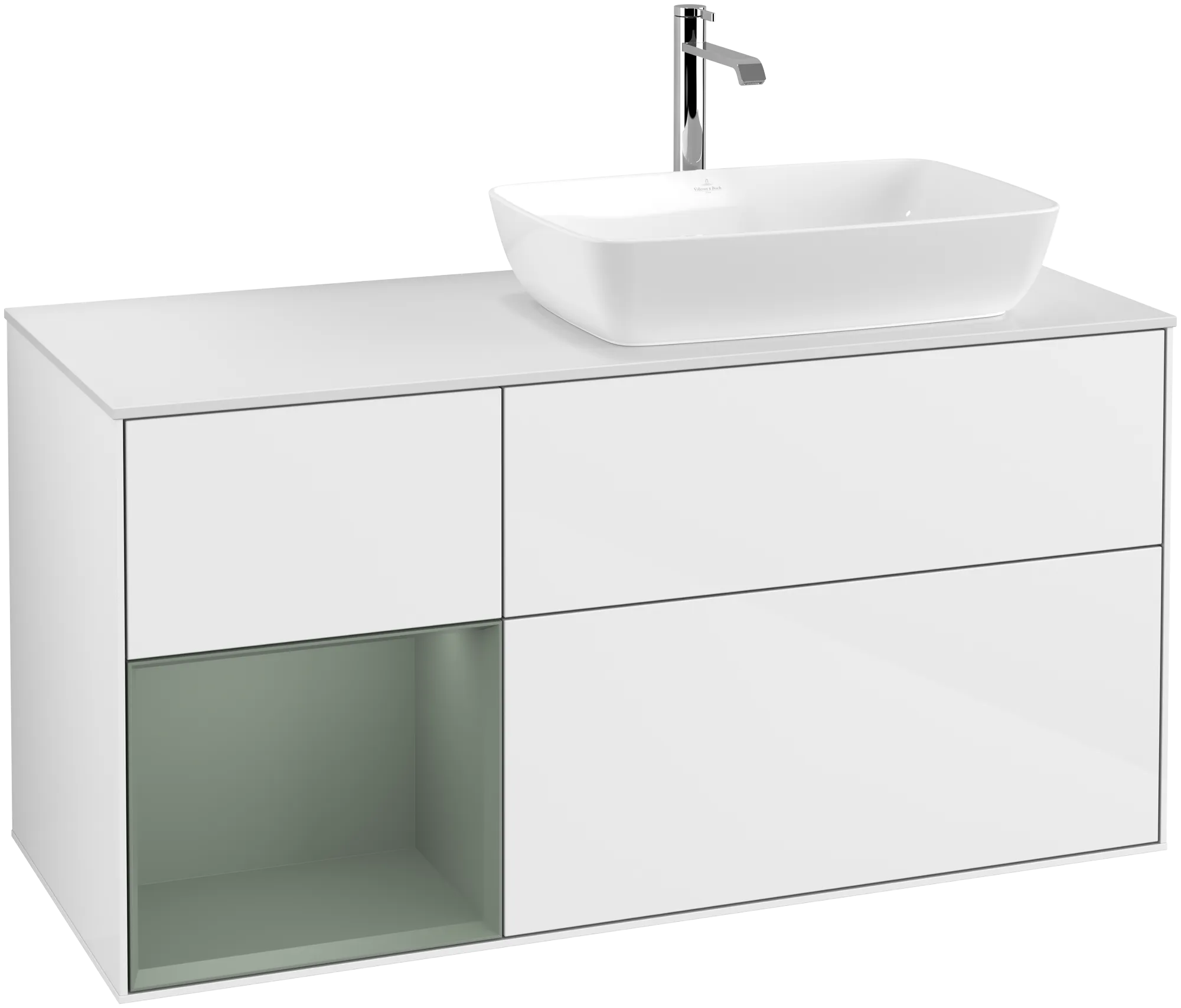 Зображення з  VILLEROY BOCH Finion Vanity unit, with lighting, 3 pull-out compartments, 1200 x 603 x 501 mm, Glossy White Lacquer / Olive Matt Lacquer / Glass White Matt #G801GMGF