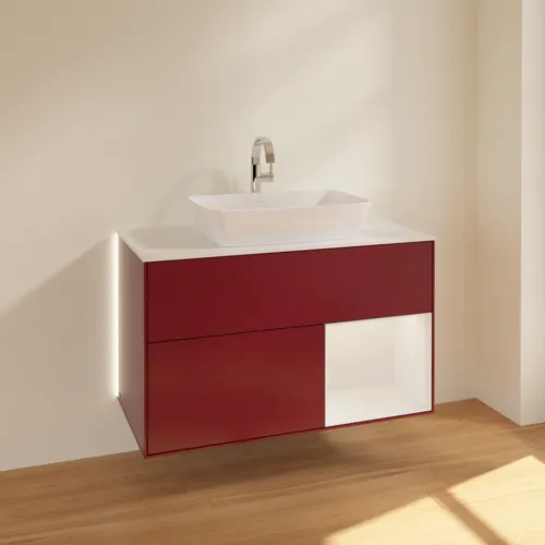 VILLEROY BOCH Finion Waschbeckenunterschrank, mit Beleuchtung, 2 Auszüge, 1000 x 603 x 501 mm, Peony Matt Lacquer / Glossy White Lacquer / Glass White Matt #G781GFHB, Bild 4